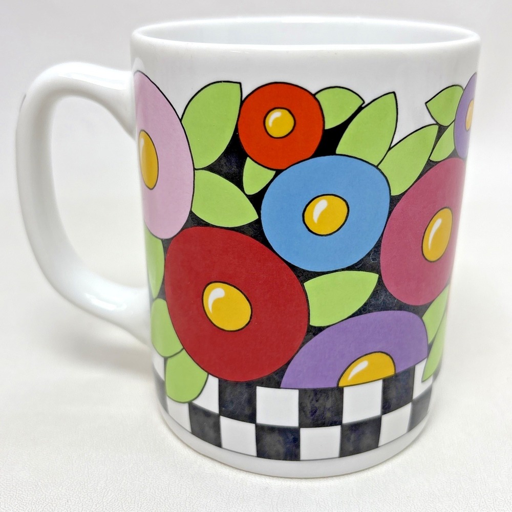 Vintage 90s Mary Engelbreit Bright Geometric Coffee Tea Mug Made In Taiwan Retro - Picture 3 of 7